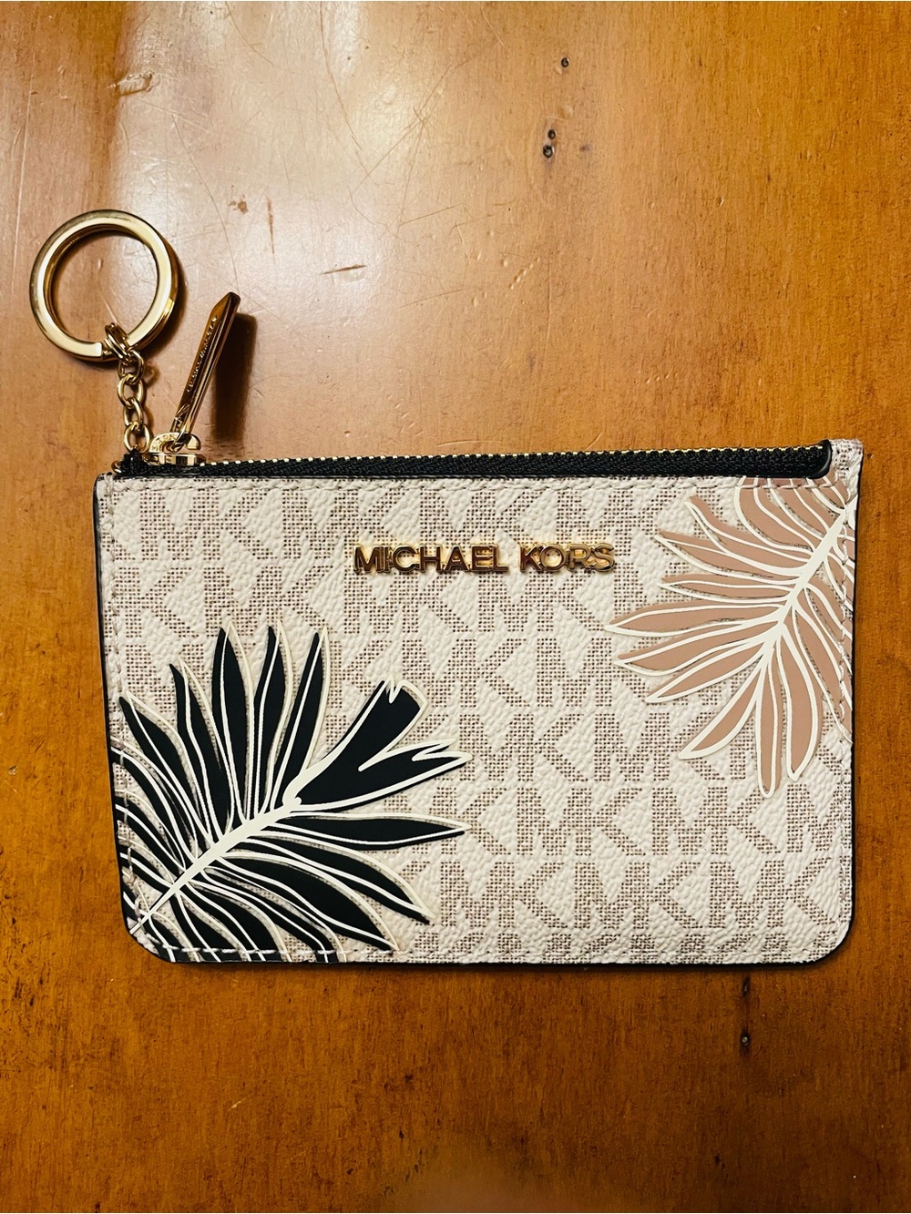 Michael Kors Beige Logo Zip Card Holder with Black & Tan Floral Leaves